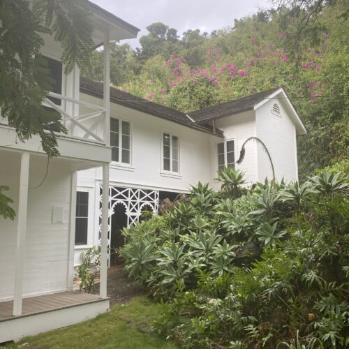 A colonial style white house with a black roof, surrounded by tropical plants and trees